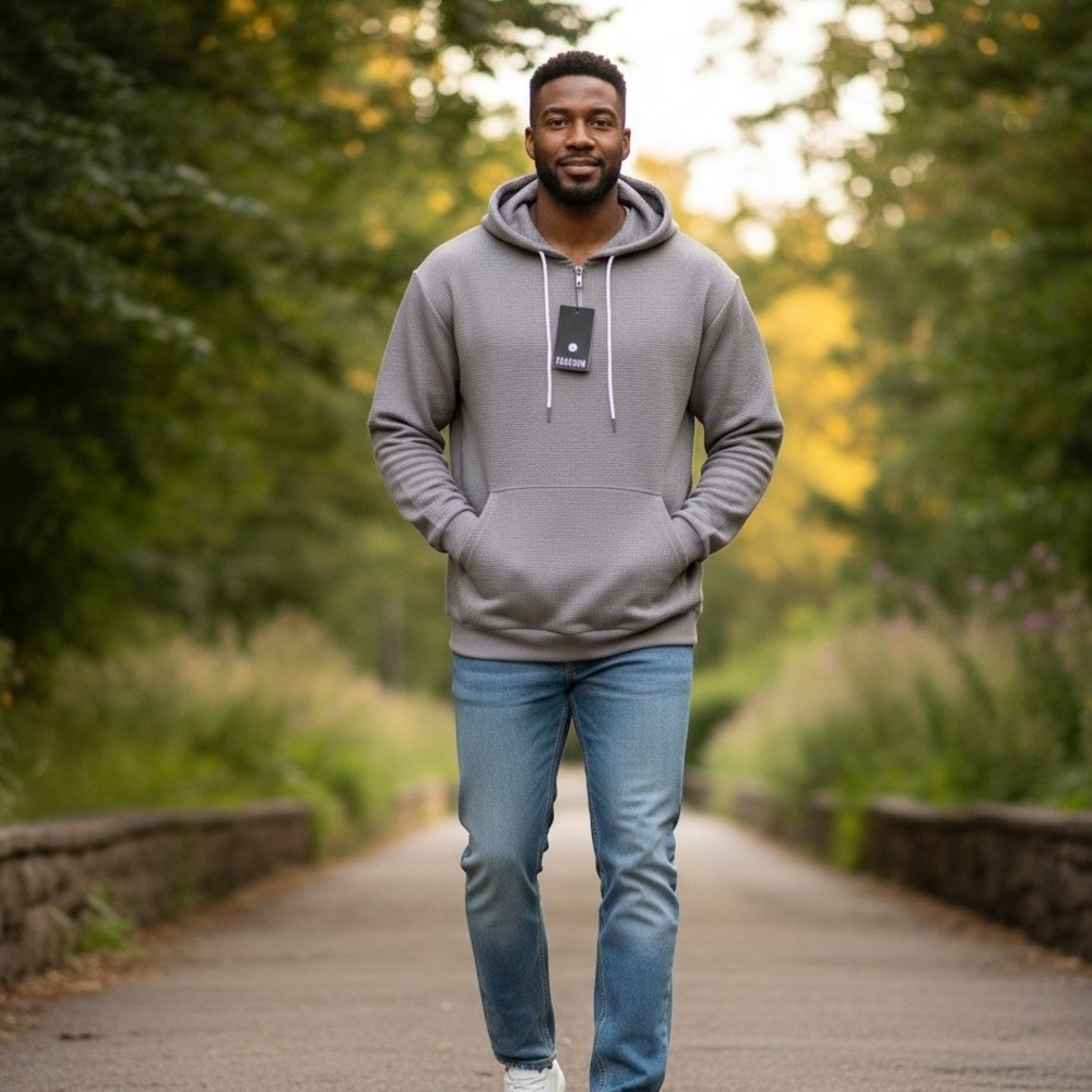 New Fashion Men's XXL Waffle Knit Quarter Zip Hoodie Grey Pullover Sweatshirt
